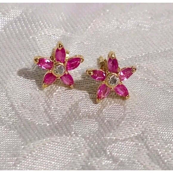 Fine Ruby Diamond Flower Designer Earrings 18K Yellow Gold Over Sterling Silver - Picture 3 of 11
